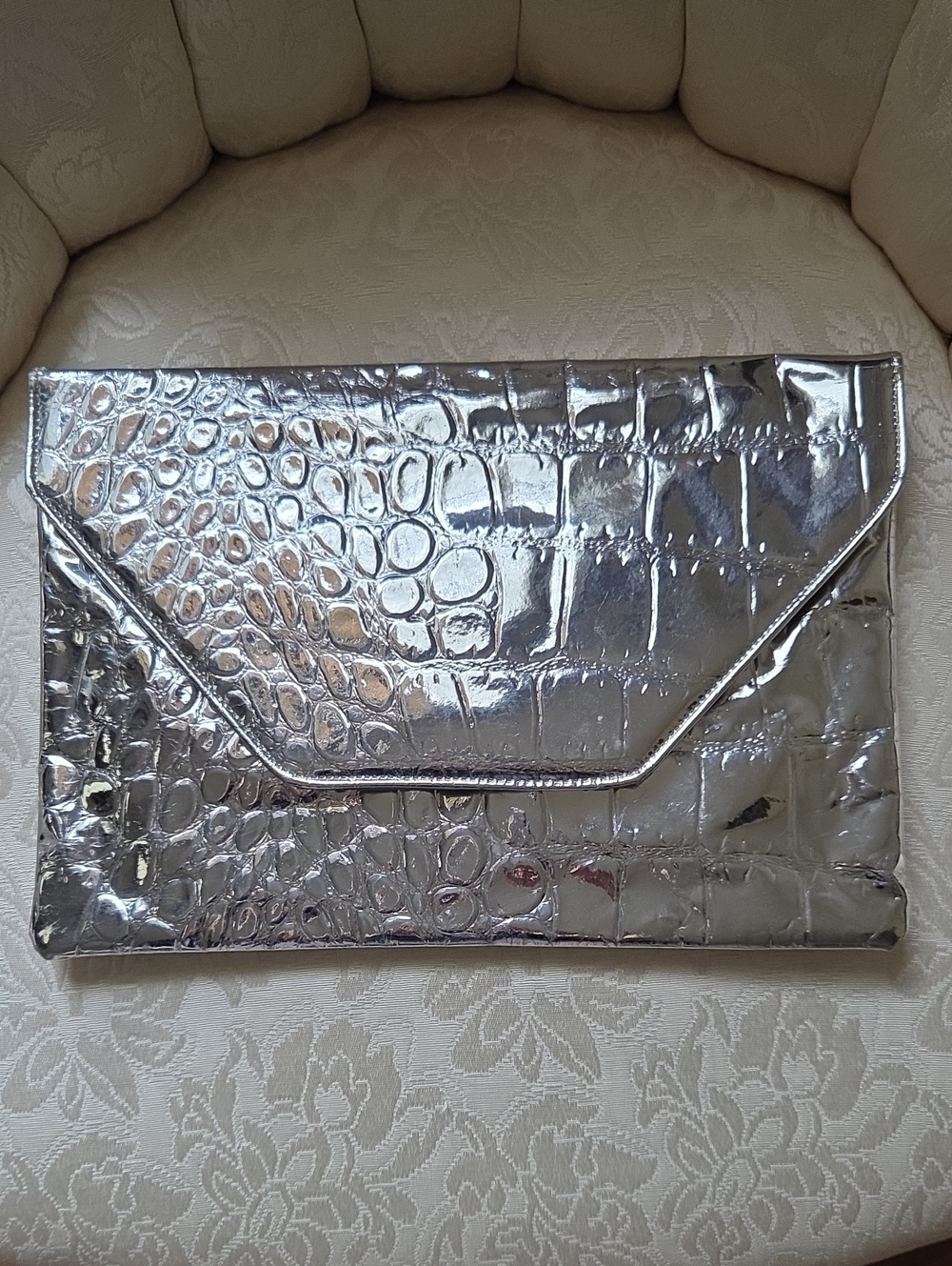 Vintage Silver Croc-Embossed Envelope Clutch